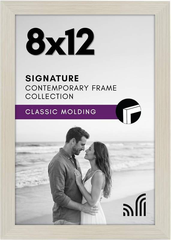 lot 18728 image: Americanflat 8x12 Picture Frame with Shatter-Resistant Glass - Signature Collection - Gallery-Style Frames Made of Engineered Wood - Photo Frame for Tabletop and Wall Display - Light Wood
