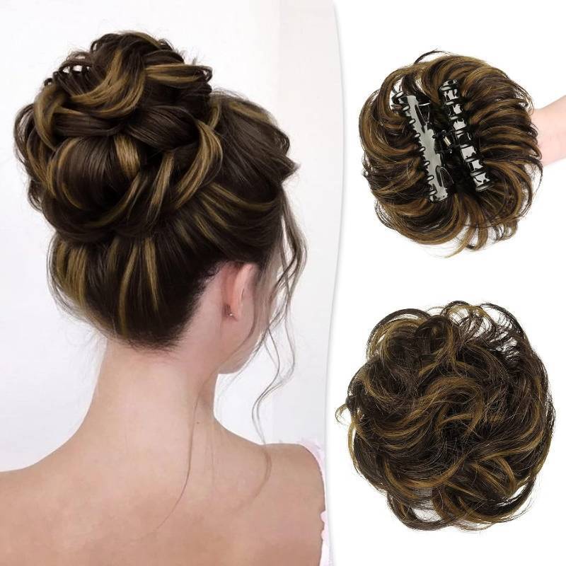lot 18739 image: RUWISS Claw Clip Messy Bun Hair Piece Real Human Hair Buns Wavy Curly Chignon Hair Bun Extensions Tousled Updo Hair Buns Claw Clip Ponytail Hairpieces (Dark Brown with Golden Blonde)