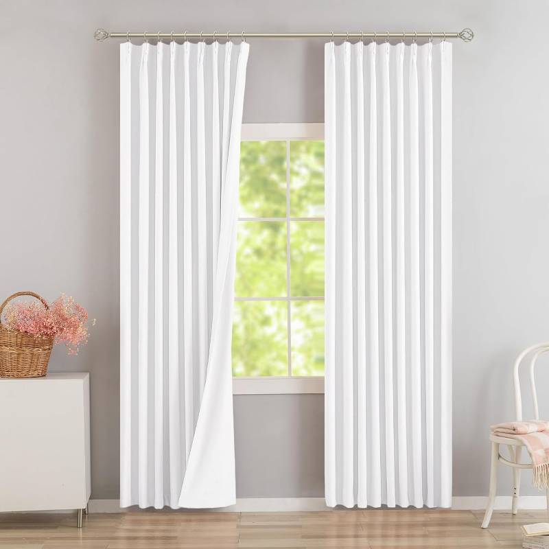 lot 18840 image: DONREN Pure Withe Pinch Pleated 50% Blackout Curtains with Hooks - 92 inch Length Room Darkening Thermal Insulated Window Curtain Panels for Living Room Bedroom 2 Panel 40 Wx94 L