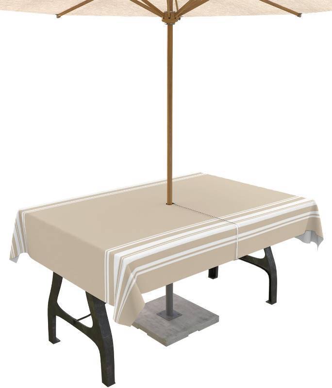 lot 18872 image: QueenKer Outdoor Tablecloth with Umbrella Hole, Khaki and White Stripe Rectangle Tables Waterproof Tabletop Collection for Patio, Garden, Picnic, Camping, Dining 60 x 120 inch