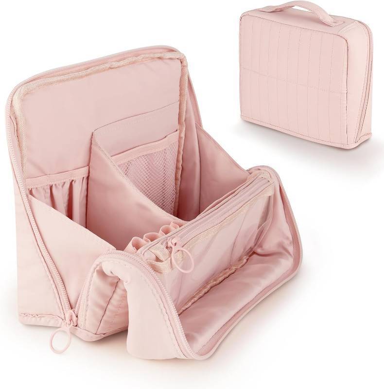 lot 18891 image: Abiudeng Standing Makeup Bag Stand up Make up Bag Travel Toiletry Bag with Multiple Compartments Large Capacity for Women Business Trips Fitness and Daily Commutes (Pink)