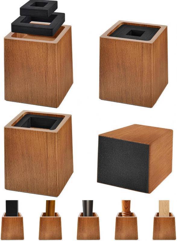 lot 1091 image: Bed Risers Heavy Duty, 5H(Inner 4 H), 1 Raised Edge, Loading 2500 lbs, for King Queen Twin Full Bed Frame, 4 Pack Wooden Furniture Legs Risers for Couch Desk Table TV Cabinet, Retro Brown