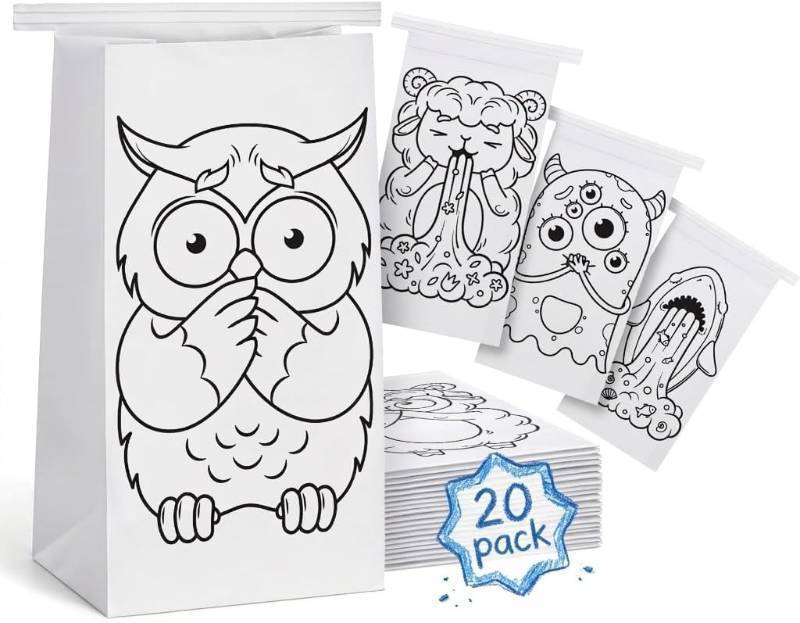 lot 1734 image: Beech & Lambert Disposable Vomit Bags (20 Pack)   Travel Emesis Bags for Motion Sickness, Nausea & Car Use   Leak-Proof Design for Adults & Kids   4 Unique Colorable Designs for Fun Relief