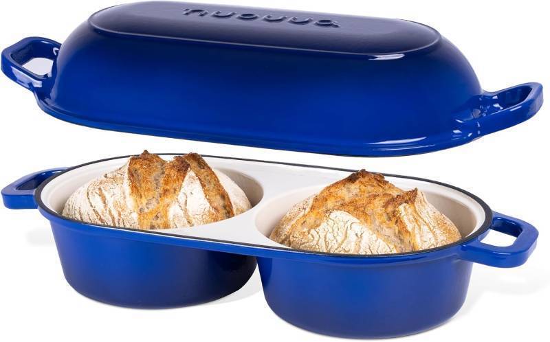 lot 10236 image: Dutch Oven For Sourdough Bread Baking   Enamelled Cast Iron Bread Loaf Pot   500 F Oven Safe Non Stick Bread Pot   Double Round Loaf Space, 16.5cm Diameter, Dark Blue,   by Nuovva