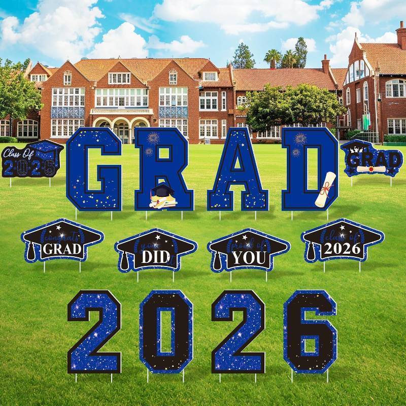 lot 17250 image: Graduation Yard Signs Class of 2026, 14 PCS Large Blue Graduation Yard Decorations with Lawn Stakes, Congratulations Outdoor Grad Decor Party Supplies Favors for High School, College & High School
