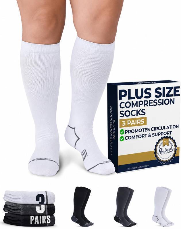 lot 17747 image: Pembrook Plus Size Compression Socks Wide Calf - 3 Pairs, 20-30mmHg Swelling & Circulation Support for Men & Women, Compression Socks for Women Plus Size, Black, White, Gray Size XXXL