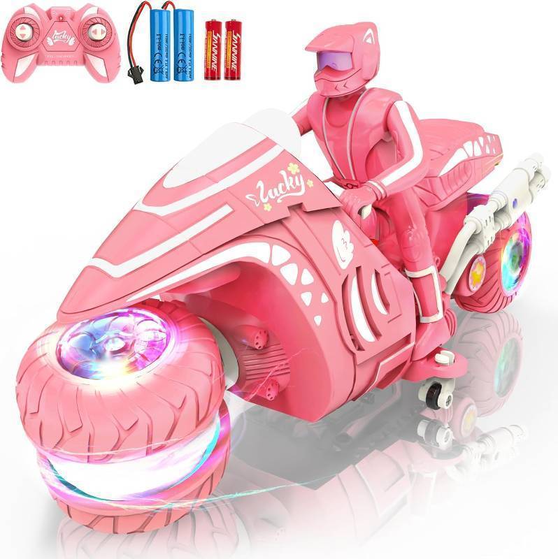 lot 38289 image: RC Motorcycle Toy with RGB Wheels Light, 360  Rotation High Speed Remote Control Dirt Bike with Rider, 2.4Ghz Off-Road Kids Play Motorcycles for Girls Boys Age 5-12