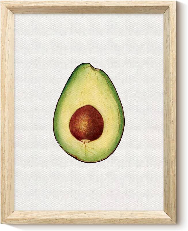 lot 37608 image: VIYYIEA Minimalist Avocado Slice Wooden Framed Wall Art, Modern Botanical Canvas Print with Premium Deep Frame, Natural Wood Grain Textured Decor for Kitchen Dining Room Cafe, 11x14 Inch