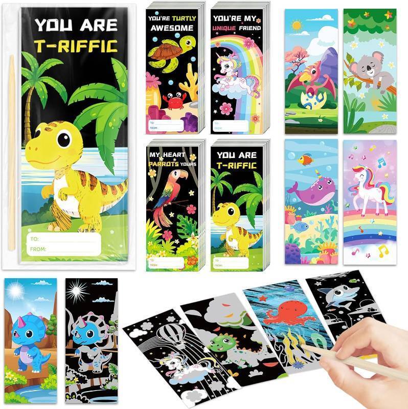 lot 37617 image: 24 Packs Valentines Day Gifts for Kids with Scratch Art Books, Rainbow Scratch Art Paper Set with Greeting Cards, Ideal Kids Valentines Day Cards Classroom Exchange Prizes Supplies Party Favor