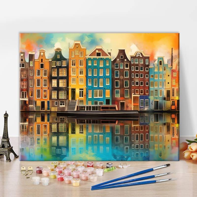 lot 37778 image: TUMOVO Landscape Paint by Numbers Kit for Adults Amsterdam Canal Houses in Rainbow Colors Paint by Number with Brushes and Pigment, DIY Oil Painting Art Crafts, 16x20 Inch