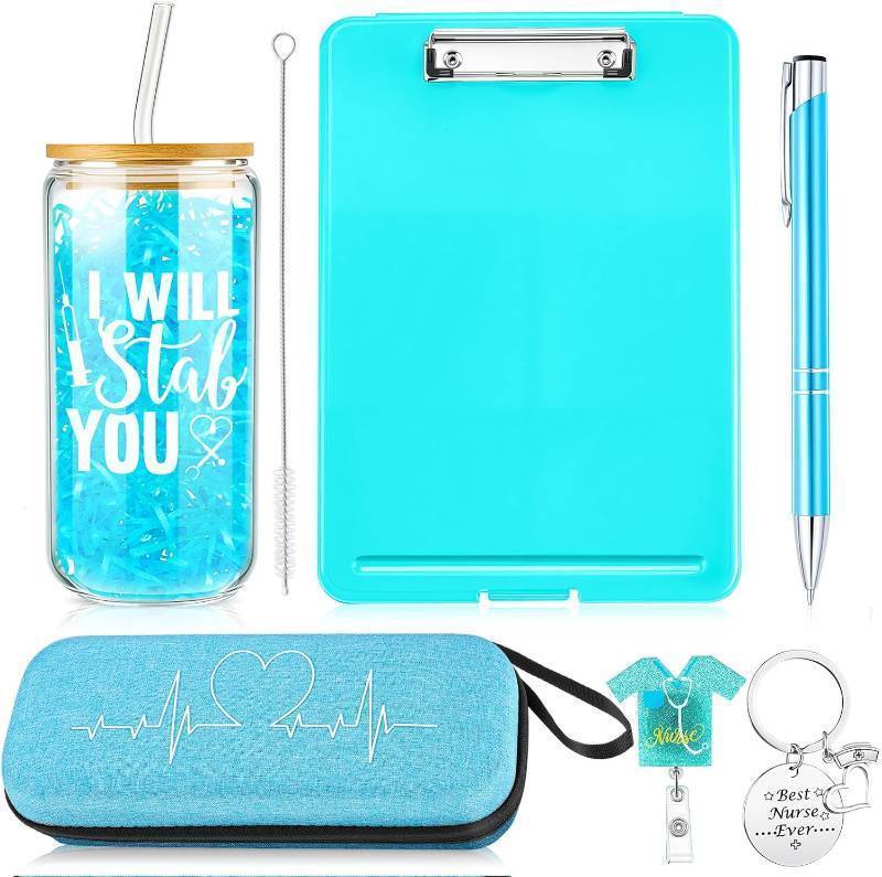 lot 38746 image: Fullhawl 6 Pcs Nurse Gifts Nurse Appreciation Gift Set for Nurses Week Nursing Graduation Birthday Gift Include Glass Coffee Cup Stethoscope Case Ballpoint Pen Badge Reel Clipboard - BLACK