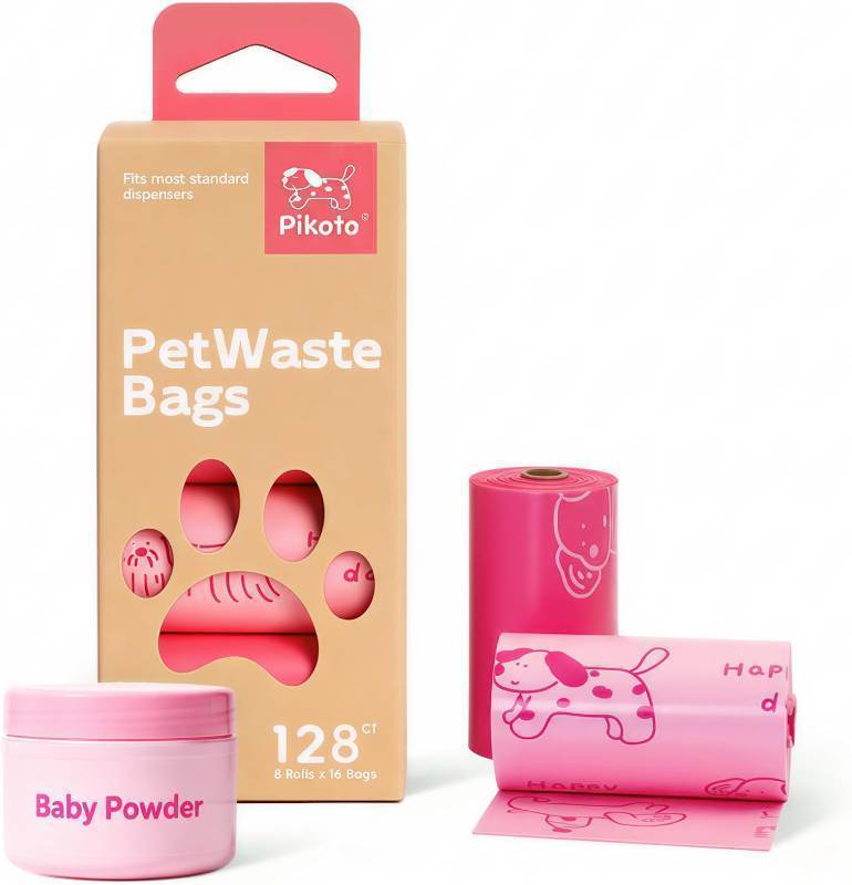 lot 41559 image: Dog Poop Bags Rolls, 128 Count (8 Refills) - 60% Recycled Plastic Baby Powder Scented - Leak Proof, Extra Thick Waste Bag with Easy-Peel Sticker (Pink)