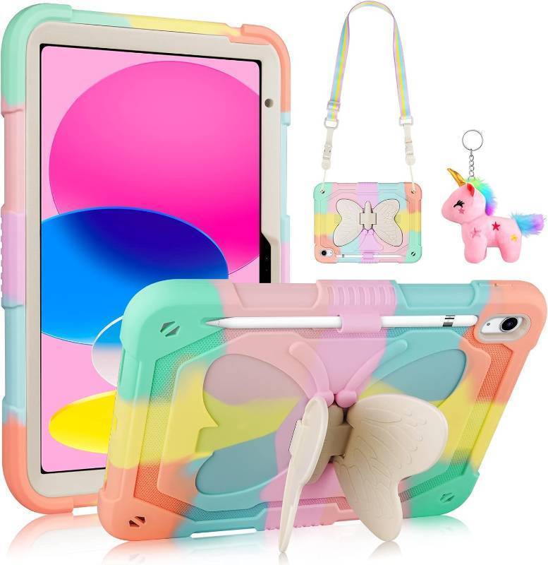 lot 41566 image: VOFUOE for iPad 10th Generation Case 2022 Kids Girls, for iPad (A16) 11th Generation Case 2025 with Butterfly Wings Kickstand Pencil Holder Shoulder Strap Keychain Rugged Cover-Pink