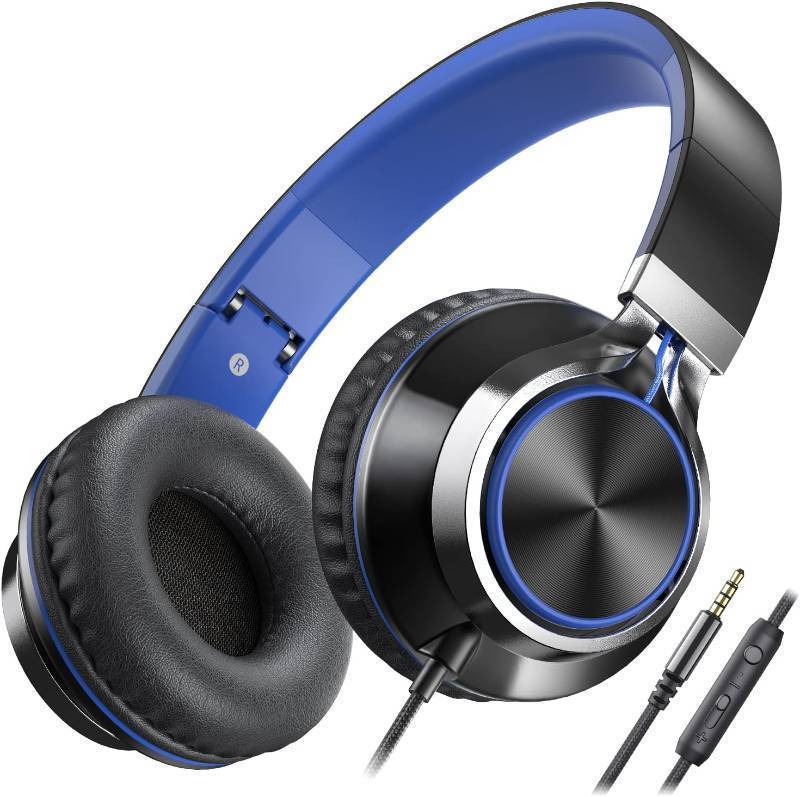 lot 17035 image: AILIHEN C8 Kids Wired Headphones with Microphone for School, On Ear Headsets with Volume Control Foldable, 3.5mm Jack Computer Chromebook for Children Teens Classroom Online Learning (Black Blue)