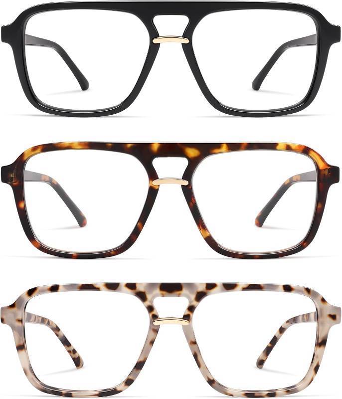 lot 21374 image: AMOMOMA 3 Pack Trendy Aviator Reading Glasses for Women Men Stylish Square Blue Light Blocking Readers AM6164