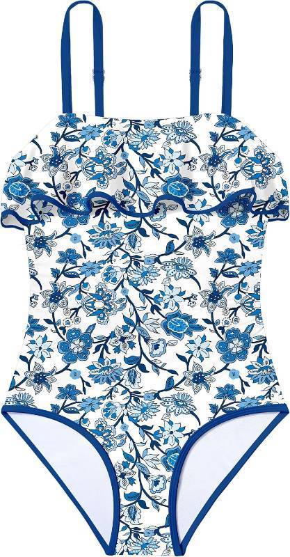 lot 26677 image: Girls Swimsuit One Piece Swimsuits Ruffle Solid Color Bathing Suit for Teens Contrast Trim Swimwear Size 15-16Y with Padded