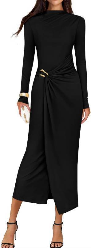lot 26594 image: ZESICA Womens 2026 Fall Wedding Guest Dress Long Sleeve Mock Neck Bodycon Cocktail Party Elegant Long Midi Dresses SIZE S