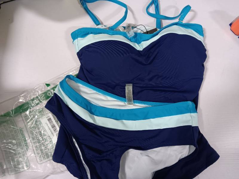 lot 26720 image: Daci Bandeau Tankini Swimsuits for Women - Two Piece Ruched Tummy Control Bathing Suit Strapless Swimwear with Bottom, Blue, Size XS