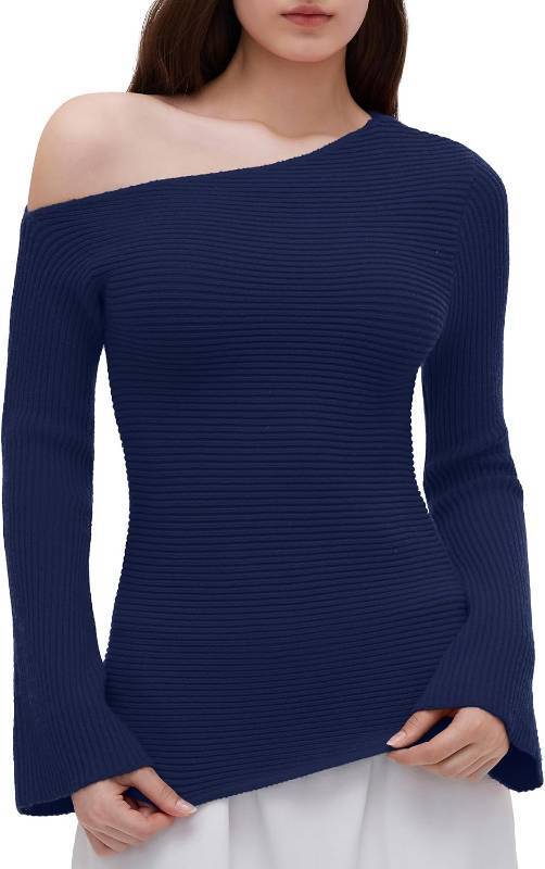 lot 26728 image: OMKAGI Off the Shoulder Fall Sweaters for Women Trendy Slim Fit Ribbed Knit Long Sleeve Top, Navy Blue, Size Small