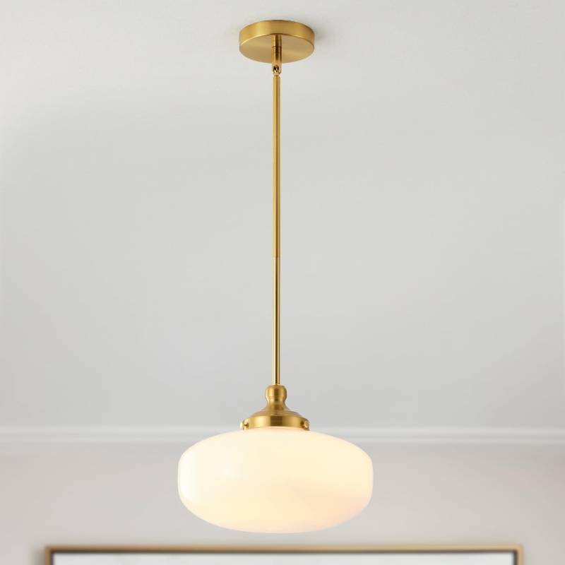 lot 19888 image: Schoolhouse Pendant Lighting Fixture, 12In Modern Brass Pendant Lights with Milk Oblate Glass Shade for Bedroom Kitchen Hallway Entryway Laundry