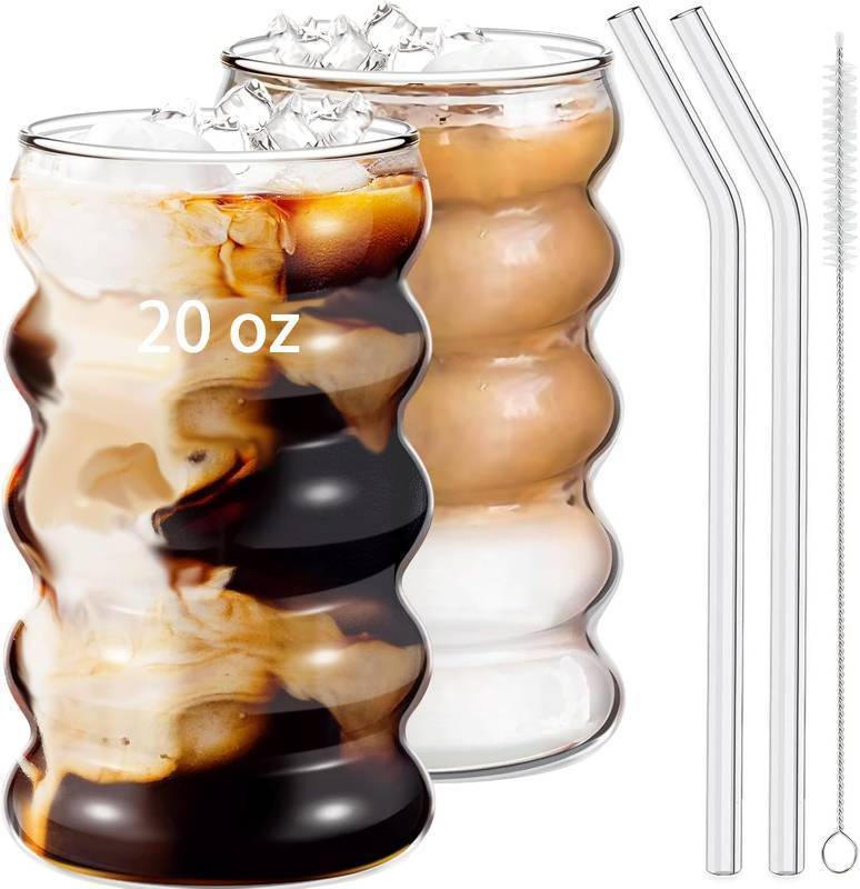 lot 20521 image: ONE STRAW ONLY Ework4U 2 Pcs 20oz Drinking Glasses Set with Straws, Cute Iced Coffee Glass Cups, Iced Coffee Tumblers, Thick Drinking Jars for Smoothie, Boba Milk Tea, Ideal for Gift, with Straw Brush