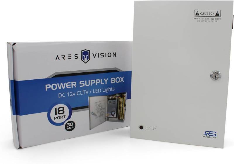 lot 21508 image: 18 Channel CCTV Power Supply Box 12V 30A   High Capacity Power Distribution Box for Security Cameras, Lockable Metal Enclosure with Fused Outputs, Includes Extra fuses &amp Screw Driver - Retail $64.99