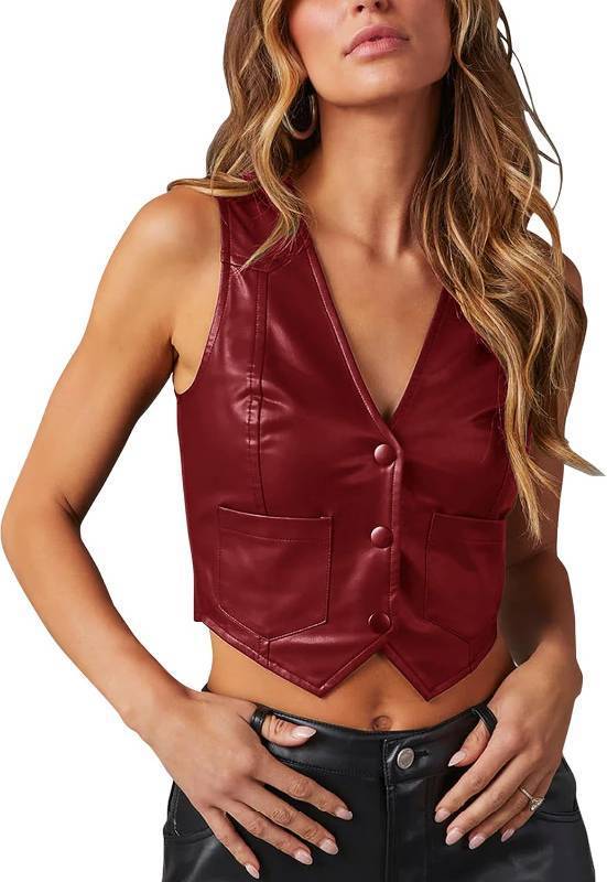 lot 26880 image: Fallorchid Womens Button Up Sleeveless Vest Crop Tops Sexy V Neck Faux Leather Jacket Waistcoat Size Medium