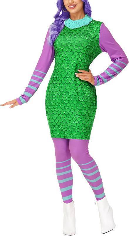 lot 27018 image: AOBUTE Women Halloween 2 Pcs Costume Outfits Long Sleeve Green Dress Purple Leggings Size XL