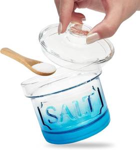 lot 2918 image: Glass Salt Cellar with Lid and Spoon for Countertop, 12 Oz Capacity  Embossed SALT Pattern on Container, Durable Glass Holder, Storage for Sea Salt and Spices, Easy to Clean, Blue