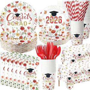 lot 3887 image: 452 Pcs 2026 Red Floral Graduation Party Decoration for 50, Red Gold White Wildflower Congrats Grad Paper Plates Napkins Cups Tablecloth Cutlery Straw for Class of 2026 Grad Party Supply