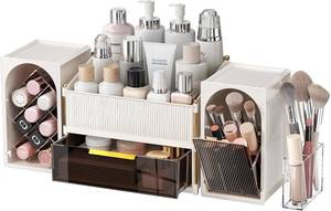 lot 3897 image: Seoneiro Makeup Organizer with Drawers, Cosmetic Storage for Dresser Countertop and Bathroom Vanity, Beauty Holder for Lipstick Brush Skincare Display case (Milky White  Dark Brown)