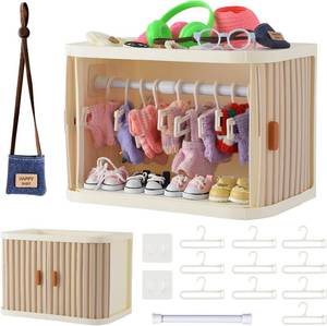 lot 3916 image: Foldable Doll Wardrobe Closet for Labubu Clothing - Double Sliding Door Stackable Storage Box for 4-7 Inch Doll Clothes, Large Capacity Doll Clothes Organizer with 10 Hangers & Rod (Gray)