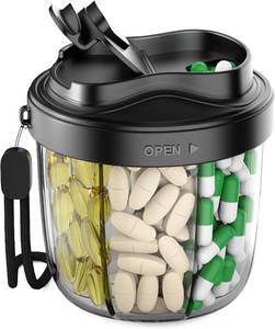 lot 3942 image: Pill Organizer with 7 Compartments, Pill Box Case for Holding 7 Different Vitamins, Anti-Mix Design for Easy Medication Retrieval. Travel Pill Organizer with 20 Labels. Pill Container (Black)