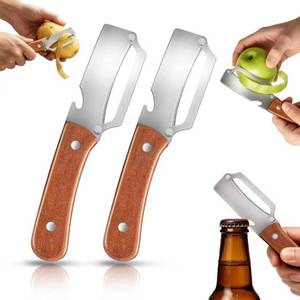 lot 3946 image: Multifunctional Vegetable Potato Peeler for Kitchen Wooden-Handled Stainless Steel Sharp Peeler Knife with Built-In Bottle Opener for Veggie, Fruit, Potato, Carrot, Apple Ergo 2PCS