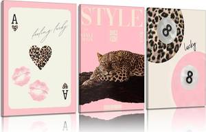 lot 3996 image: 3Pcs Trendy Pink Leopard Wall Art Preppy Leopard Lucky 8 Ball Poster Printing Artwork Y2k Coquette Funky Cheetah Aesthetic Room Decoration for College Apartment, Girls Bedroom Dorm Scene Home Decor16X24inch Unframed