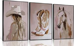 lot 3997 image: 3pcs Pink Western Coastal Cowgirl Wall Art Coastal Cowgirl Boots Horse Aesthetic Cowgirl Hat Posters Prints Trendy Preppy Cowgirl Dorm Room Wall Decor for Girls Room Bedroom Dorm Unframed