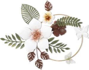 lot 4026 image: 3D Metal Flower Wall Decor - 13.78 Gold Circle Floral Wall Art with Green Tropical Leaves and Butterflies, Modern Boho Rustic Hanging Sculpture for Living Room Bedroom Bathroom Entryway Kitchen