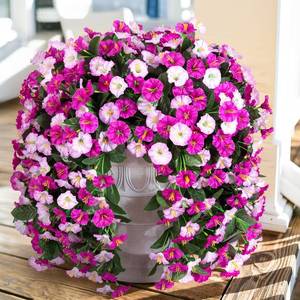 lot 4032 image: Fake Flowers for Outdoor Decorations, 2 PCS Artificial Silk Morning Glory Trailing Vines Look Real UV Resistant for Porch Planter Patio Decor (Light Fuchsia and Fuchsia)
