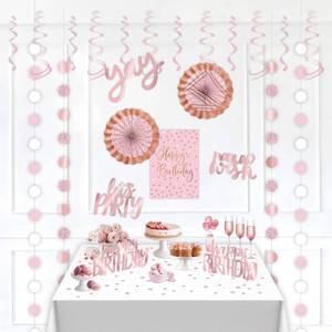 lot 4043 image: HonuGoGo Pink Blush Birthday Party Decoration Kit   26-Piece Set with Garlands, Centerpieces, Fans, Cutouts, Swirls & Confetti for Elegant Girls Birthday, Wedding, Bachelorette, or Celebration