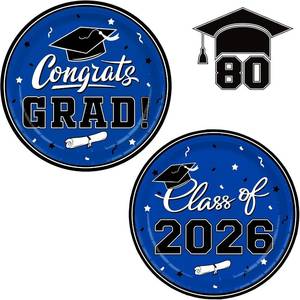 lot 4046 image: Graduation Party Dinnerware Blue Disposable Paper Plates for Congrats Grad Party Decorations, Serve 80