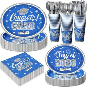 lot 4049 image: 350 Pcs Blue and Silver Graduation Decorations Class of 2026 Disposable 12 inch Oval Plates Napkins Heavy Duty Paper Oval Tableware Set for 50 Guests College High School Grad Party Supplies