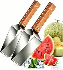 lot 4061 image: Triangle Watermelon Slicer and Cutter, Stainless Steel with Wooden Handle, Multi-Function Fruit Slicer Tool for Watermelon Cantaloupe Honeydew Apple - Melon Cutter for Kitchen (2pc)