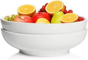 lot 4074 image: Large Pasta Bowls, 62oz Salad Bowls Set of 2, 10 Serving Bowls for Dinner, Ceramic Shallow Bowls Set, Plates for Serving Soup, Pasta, Noodles, Dinner, Microwave & Dishwasher Safe, White