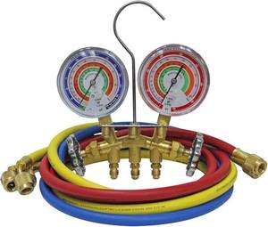 lot 2951 image: Mastercool 59161 2-Way Heavy Duty Brass Manifold Gauge Set with 3 18 Silicone Dampened Gauges and 14 SAE Fittings for R410a, R22, R404A - U.S. Assembled &amp Tested - MISSING HOSES