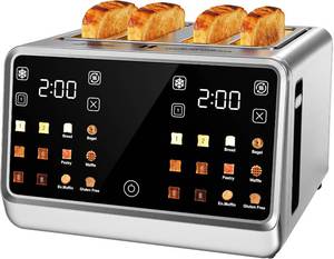 lot 2955 image: Smart Toaster 4 Slice with Dual Touchscreen &amp Independent Controls, 1800W Stainless Steel, Wide Slots for 6 Bread Types &amp Toast Settings,Single-Slice Modes, Defrost, Reheat - Retail $89.99