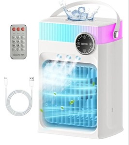 lot 2956 image: Portable Air Conditioners, Mini Portable AC Unit for Bedroom, 1200ML Small Cooling Fan with Remote, 3 Mist, 3 Speed, 8 Light, 2-8H Timer Personal Cooler Fans for Office Camping Car Desk(White)