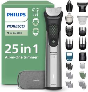 lot 2957 image: Norelco Philips All-in-One 9000 25-in-1 Trimmer, Face, Hair &amp Body, Steel  Beard Styler, Nose, Detail Trimmer, Body Shaver, Hair Clipper, Steel Blades, 27 lengths, 6-Hr Runtime, Showerproof, MG958040 - Retail $119.96