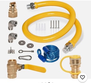 lot 2966 image: 34   48 inch Commercial Gas Hose, 1675KIT48 Safety System Kit, Mobile Gas Line Hose Connector Kit for Commercial Kitchen, with 34 Quick Disconnect - Retail $87.99