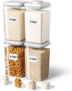 lot 2974 image: Airtight Food Storage Container with Pop Lid & 130ml Scoop, 4L4.2qt 4 BPA-Free Cereal, Rice, Flour, Pasta & Snack Container, Stackable & Durable,Kitchen Pantry Organizer