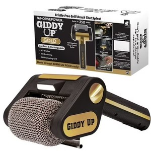 lot 4152 image: Horsepower Giddy Up GOLD Bristle-Free Spinning Grill Brush wLED & Longer Run Time, CordlessRechargeable, 304 Stainless Steel Power Roller Blasts Away Burnt-On Food, No Bristles No Preheating 350 RP